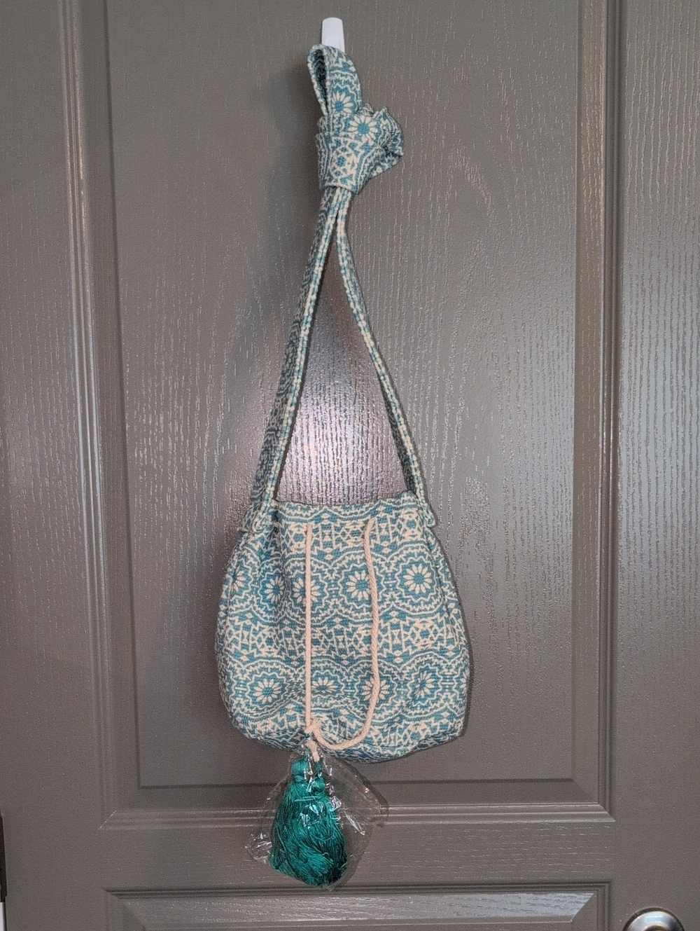 Boho Teal Patterned Drawstring Shoulder Bag